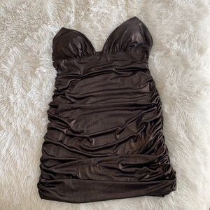 CLEAR STRAP BRONZE RUCHED MINI DRESS